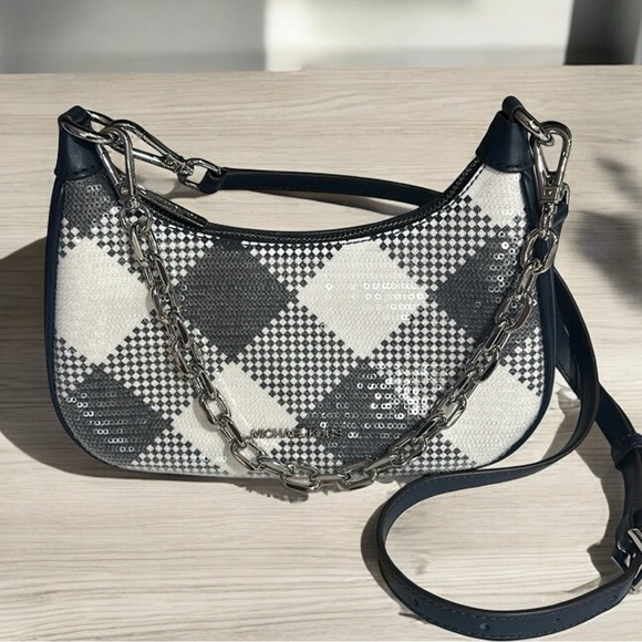 Michael Kors Cora Medium Zip Sequin Navy Pouchette Purse - Picture 3 of 8